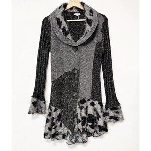 Sioni Patchwork‎ Cardigan Button Front Gray Animal Print Eyelash Knit Mob Wife